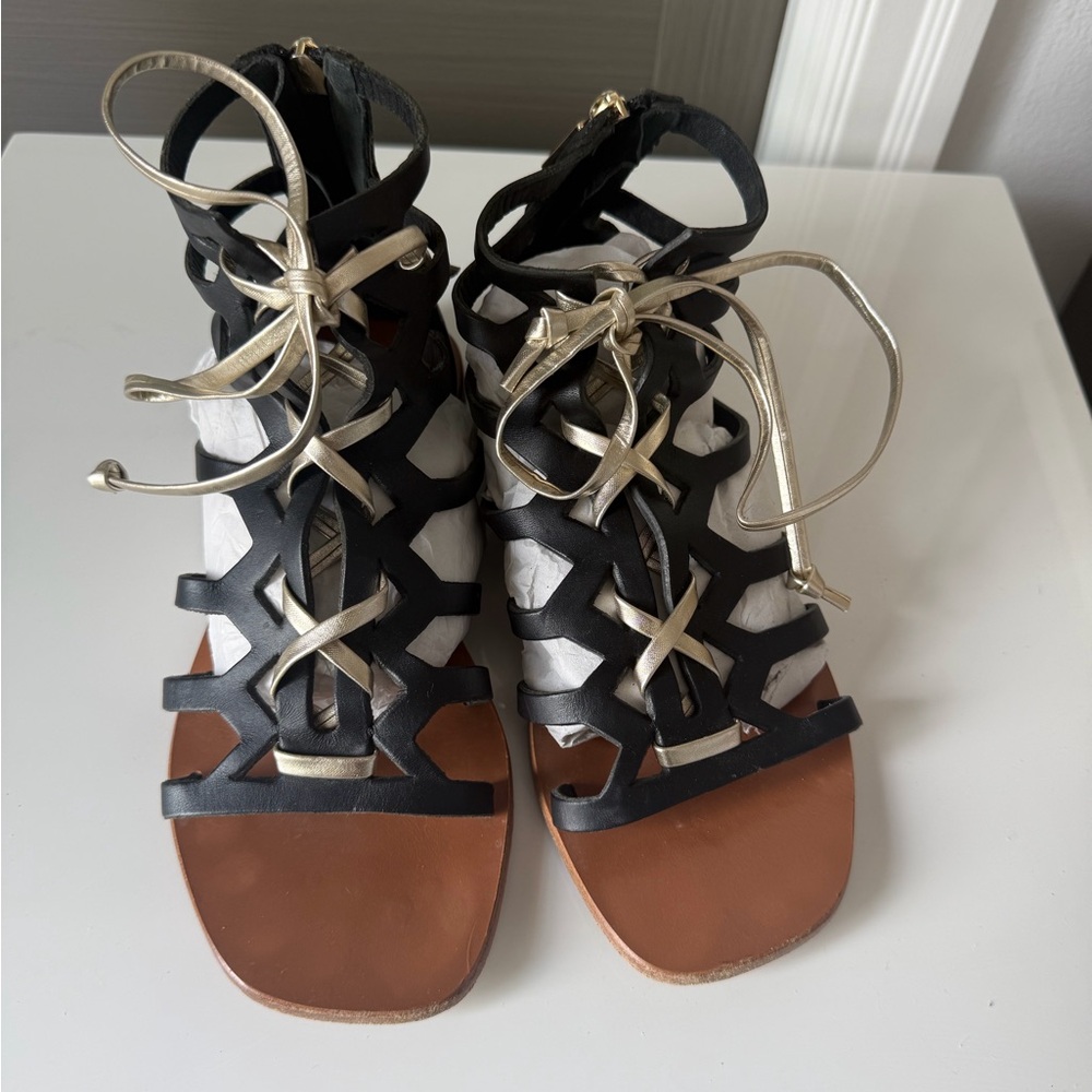 Pollini Black Leather Lace-Up Gladiator Sandals and Bonus Free pair